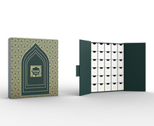Load image into Gallery viewer, green and gold Ramadan advent calendar with 30 boxes ramadan mubarak