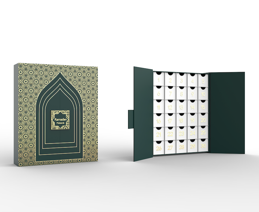 green and gold Ramadan advent calendar with 30 boxes ramadan mubarak